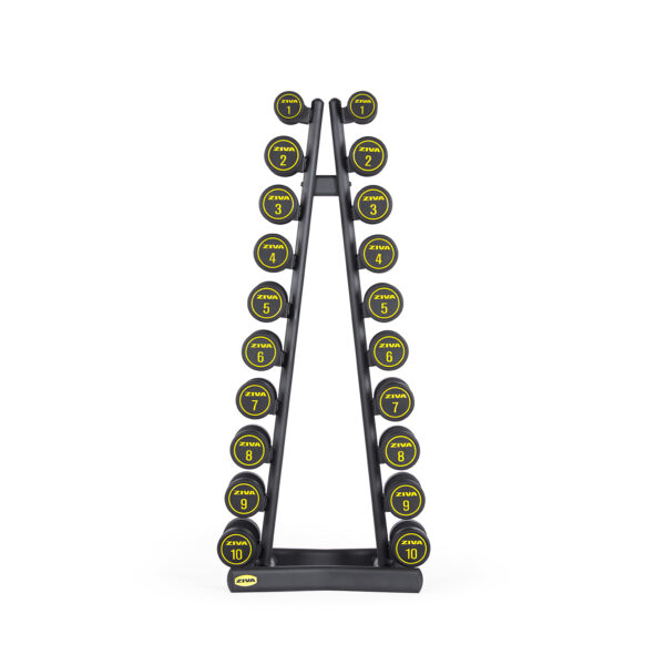 Ziva 1-10kg Performance Rubber Dumbbell Set (10 pairs) with Studio Dumbbell Rack